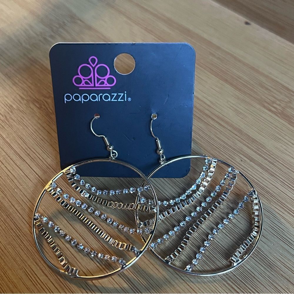 NWT beautiful, silver and gold hoop, earrings with chains linked in